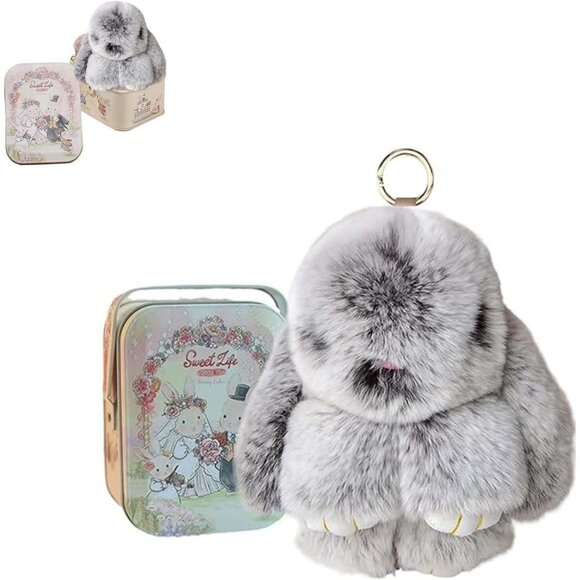 Bunnylulu Keychain with Box, Frost Gray Tin Bunny Cute Plush Keychain - Picture 1 of 7